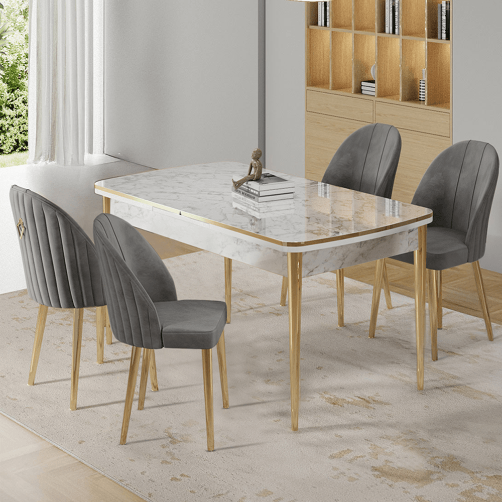 Rada Serisi 80x132 Açılabilir Lak Panel Beyaz Mermer Desen Masa 4 Sandalye Gold Detay