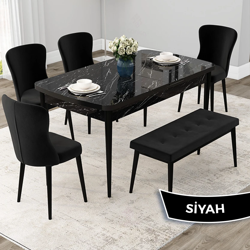 Siyah Mermer Desen Masa Siyah Sandalye