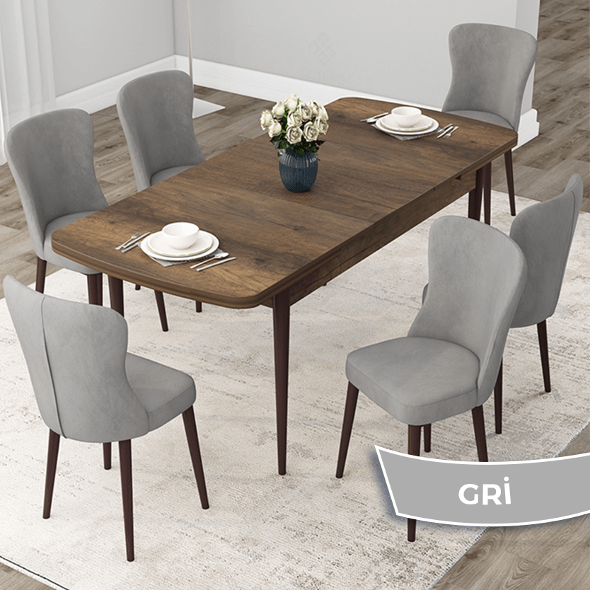 Due Serisi 80x132 Açılabilir Barok Ahşap Desen Masa Takımı Ve 6 Sandalye