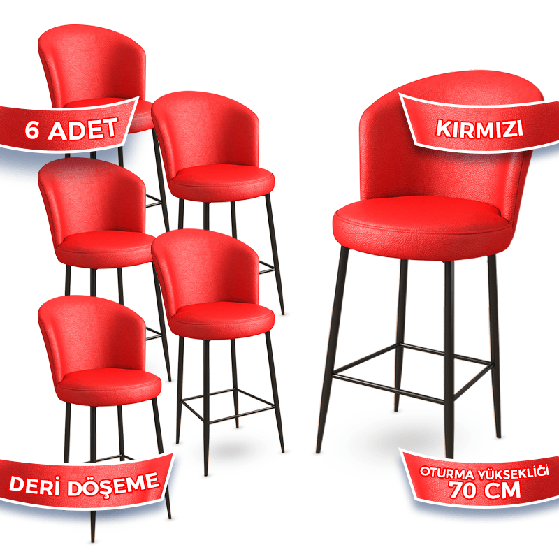 Uras Serisi 6 Adet Ada Bar Sandalyesi Suni Deri Kumaş Siyah Ayak