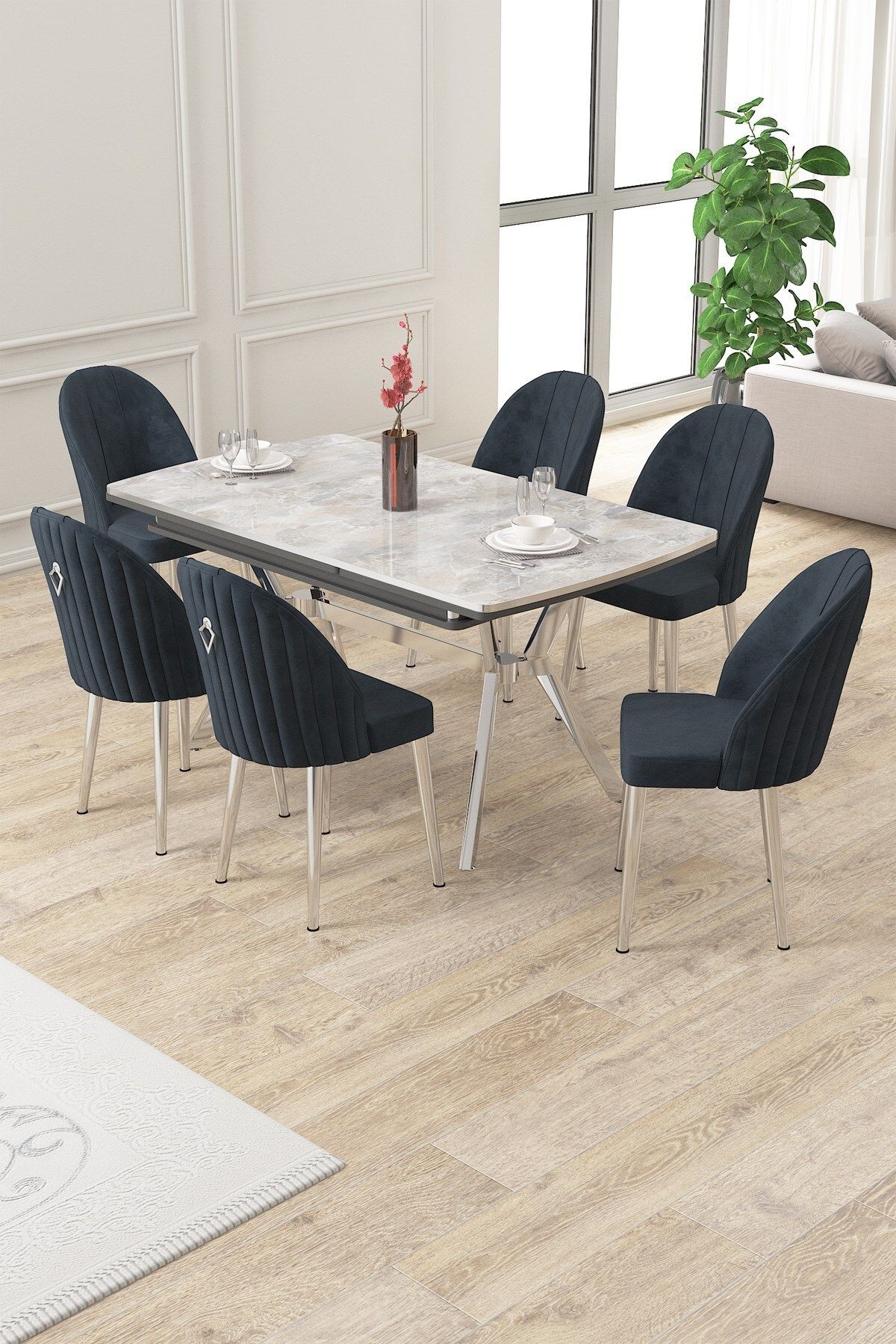 Sim Serisi 89x150 Açılabilir Lak Panel Rampla Gri Masa ve 6 Sandalye Krom Kaplama Ayak