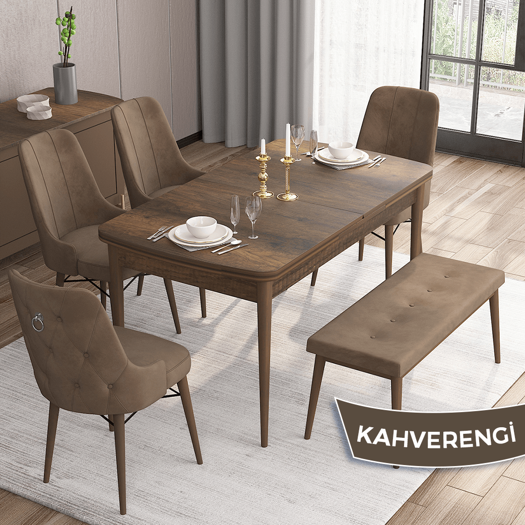 Are Serisi 80x132 Mdf Açılabilir Gümüş Halka Barok Ahşap Desen Masa Takımı 4 Sandalye Ve 1 Bench