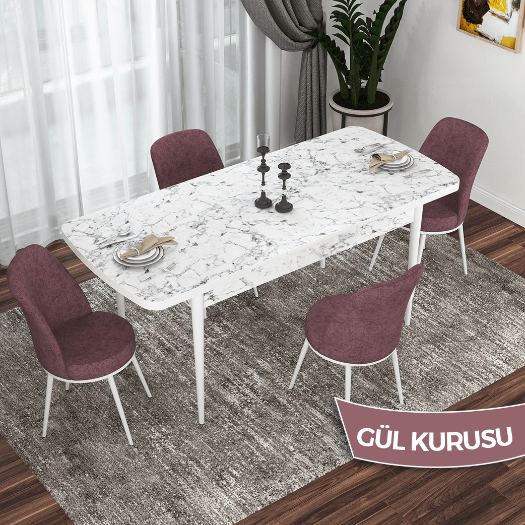 masa beyaz mermer desen sandalye gülkurusu