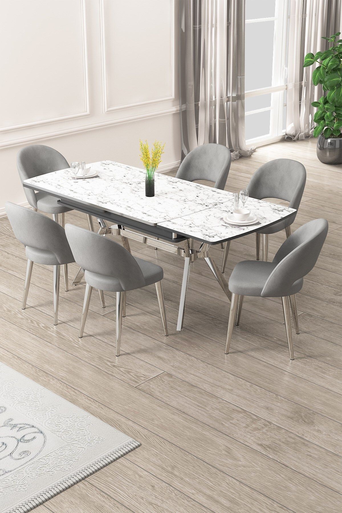 Weps Serisi 89x150 Açılabilir Lak Panel Beyaz Mermer Krom Ayak Masa Takımı ve 6 Gri Sandalye