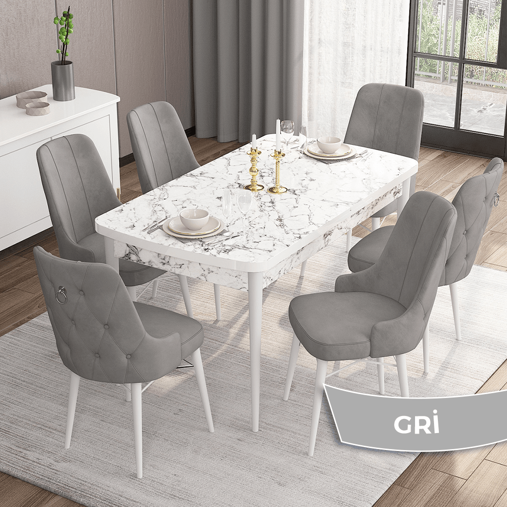 Are Serisi 80x132 Mdf Açılabilir Gümüş Halka Beyaz Mermer Desen Masa Takımı Ve 6 Sandalye