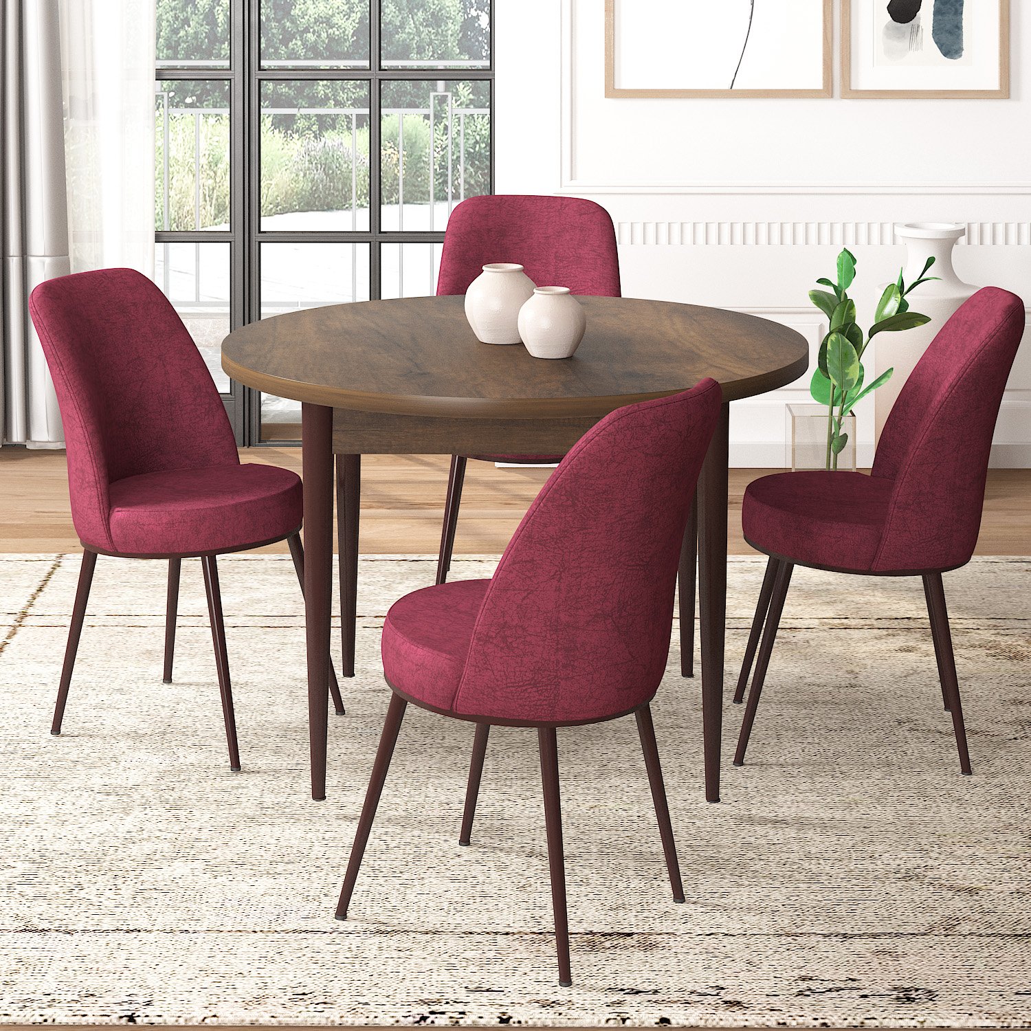 masa barok ahşap desen sandalye bordo