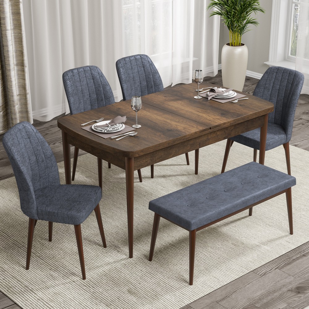 Rio Serisi 80x132 Mdf Açılabilir Barok Ahşap Desen Masa Takımı 4 Sandalye Ve 1 Bench