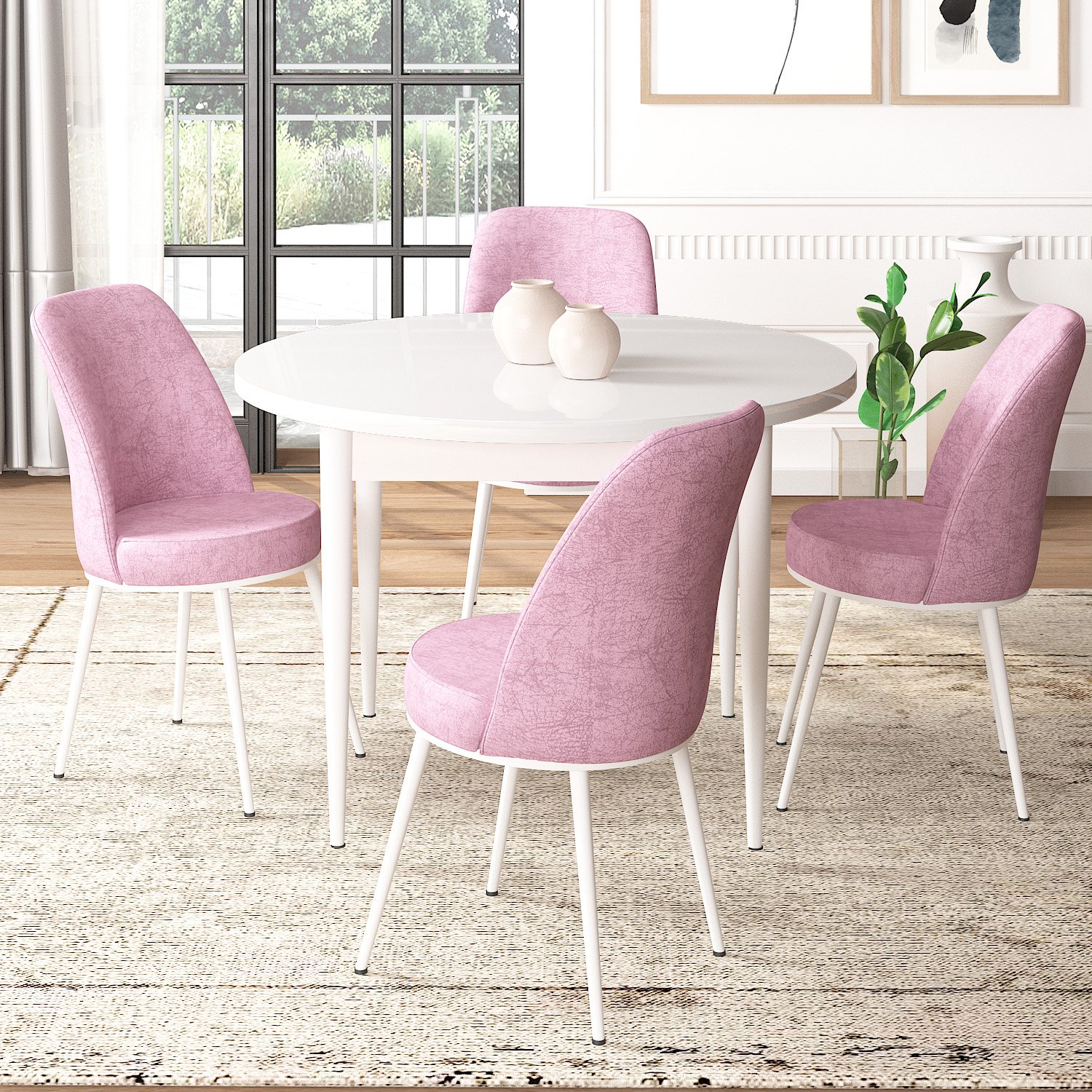 masa beyaz sandalyeler pembe
