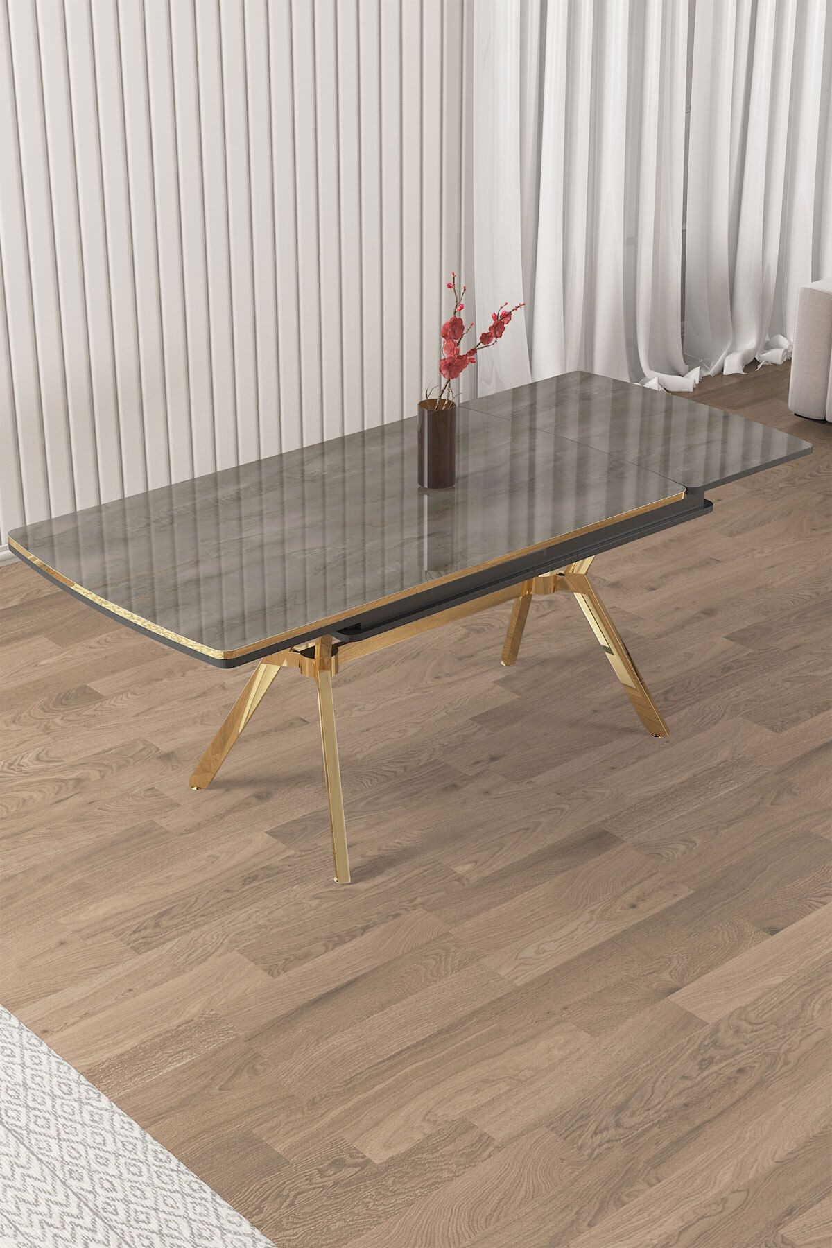 Nis Serisi 89x150 Açılabilir Lak Panel Antrasit İroni Masa ve 6 Sandalye Gold Kaplama Ayak