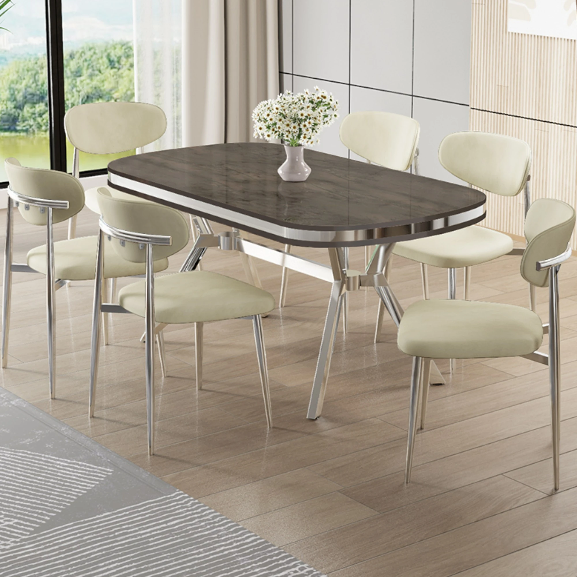 Olya Serisi 90x168 Lak Panel Antrasit İroni Masa Takımı Krom Ayaklı 6 Sandalye