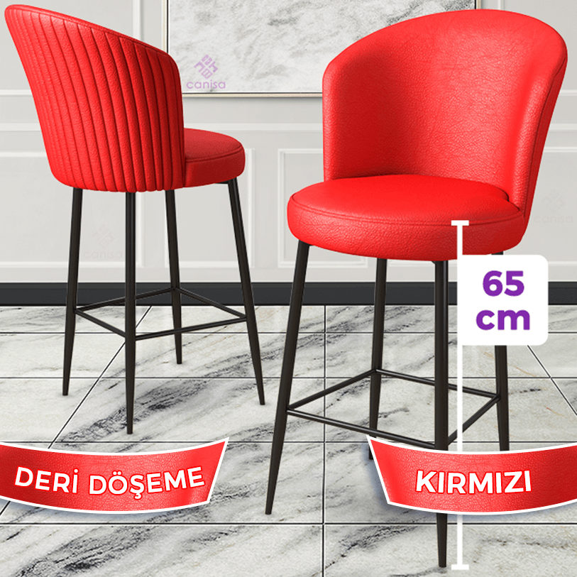 Rika Serisi 6 Adet Ada Bar Sandalyesi 65 cm Suni Deri Döşeme Siyah Ayak