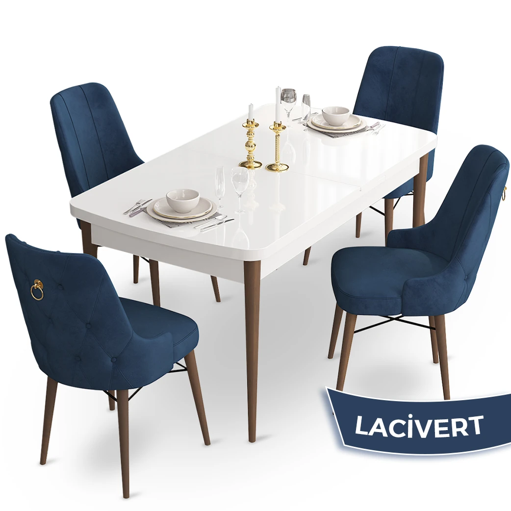 Taç Serisi 80x132 Açılabilir Gold Halka Beyaz Masa Ceviz Ayak Masa Takımı ve 4 Sandalye