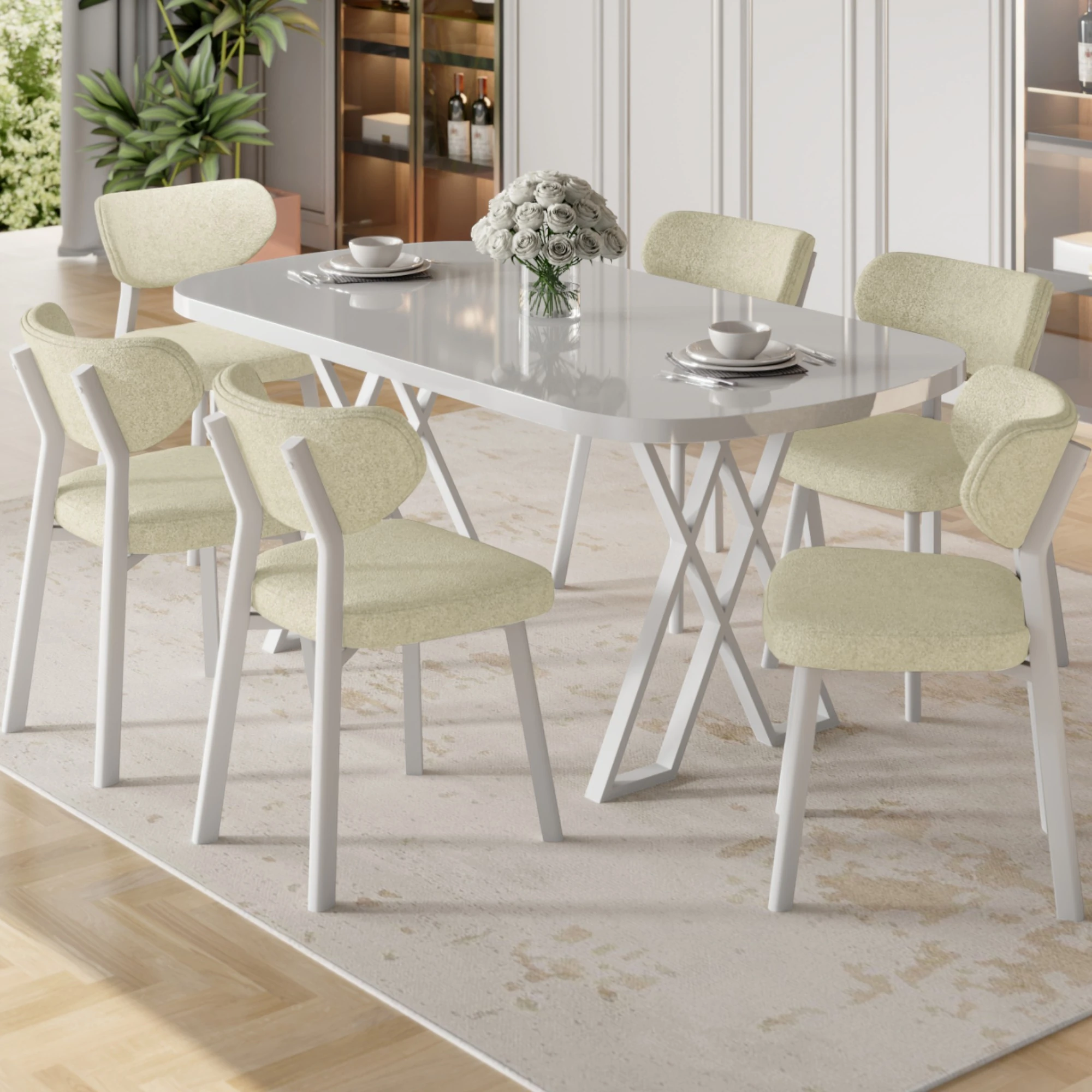 Krem Sandalye Beyaz Masa