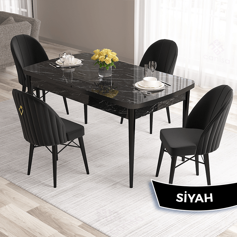 Roz Serisi 80x132 Mdf Açılabilir Gold Halka Siyah Mermer Desen Masa Takımı Ve 4 Sandalye