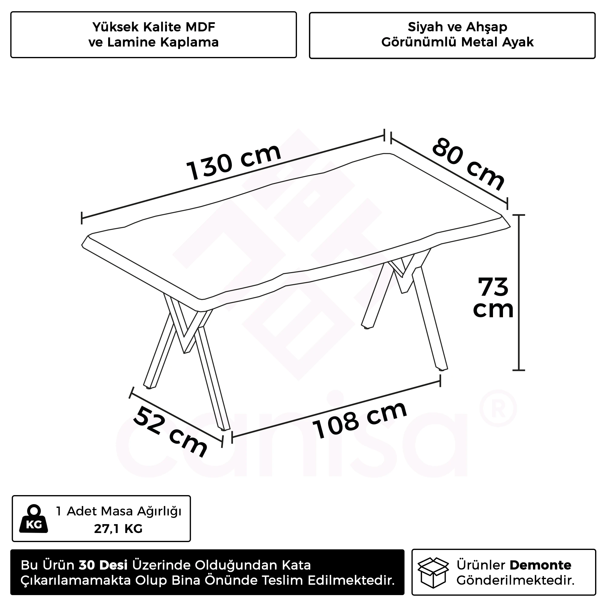 Akort Serisi MDF Sabit 80x130 Mutfak Masası