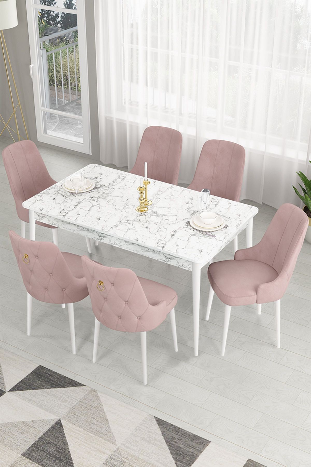 beyaz mermer masa,pembe sandalye