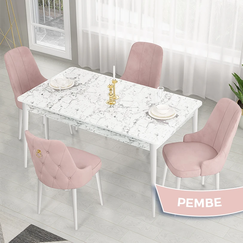 beyaz mermer masa,pembe sandalye