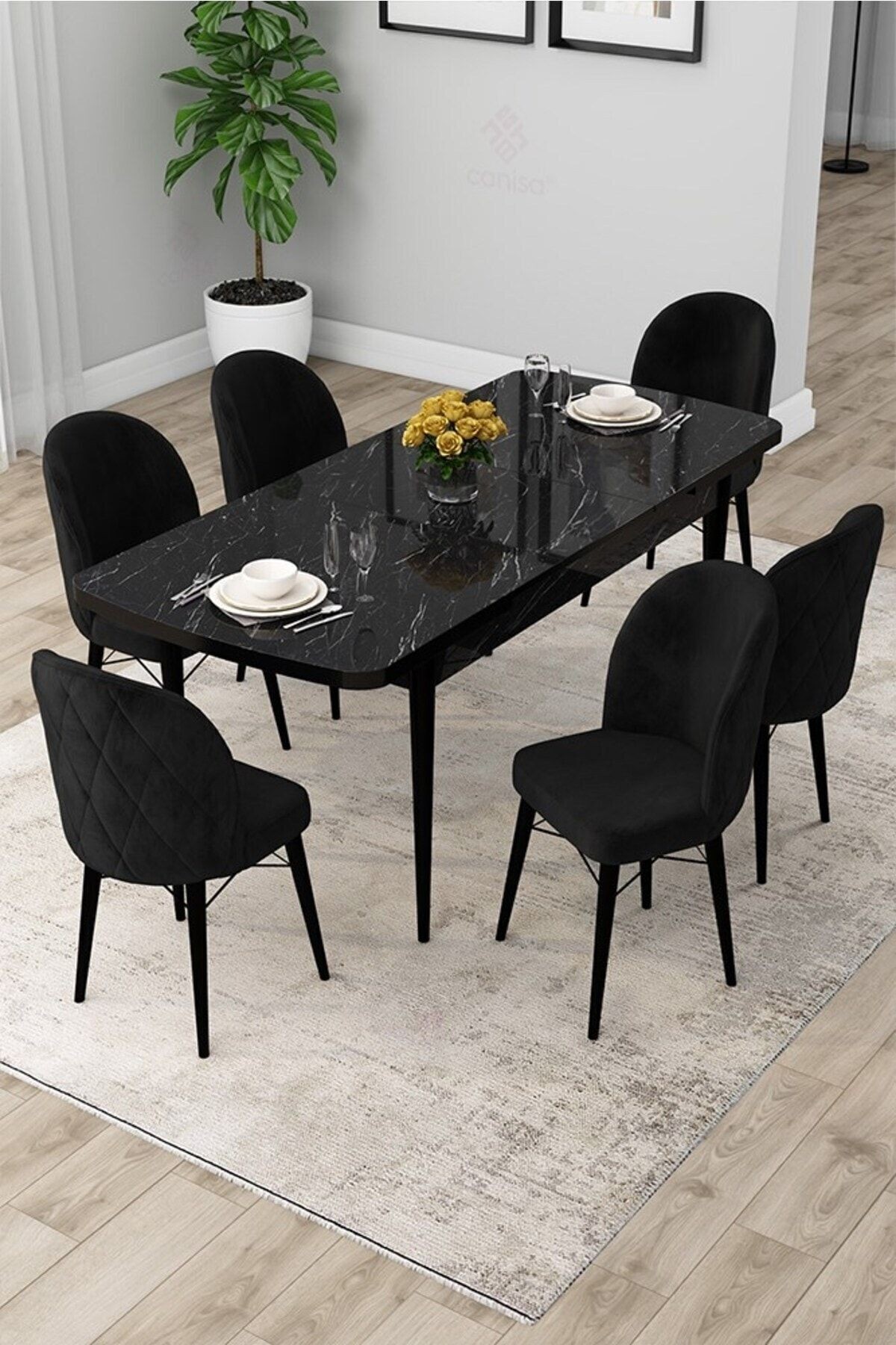 Rut Serisi 80x132 Açılabilir Siyah Mermer Desen Masa Takımı Ve 6 Sandalye
