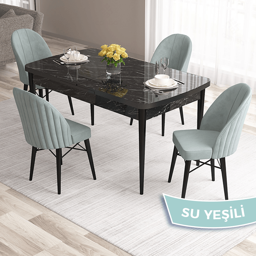 Sandalye Su Yeşili Siyah Mermer Desen Masa