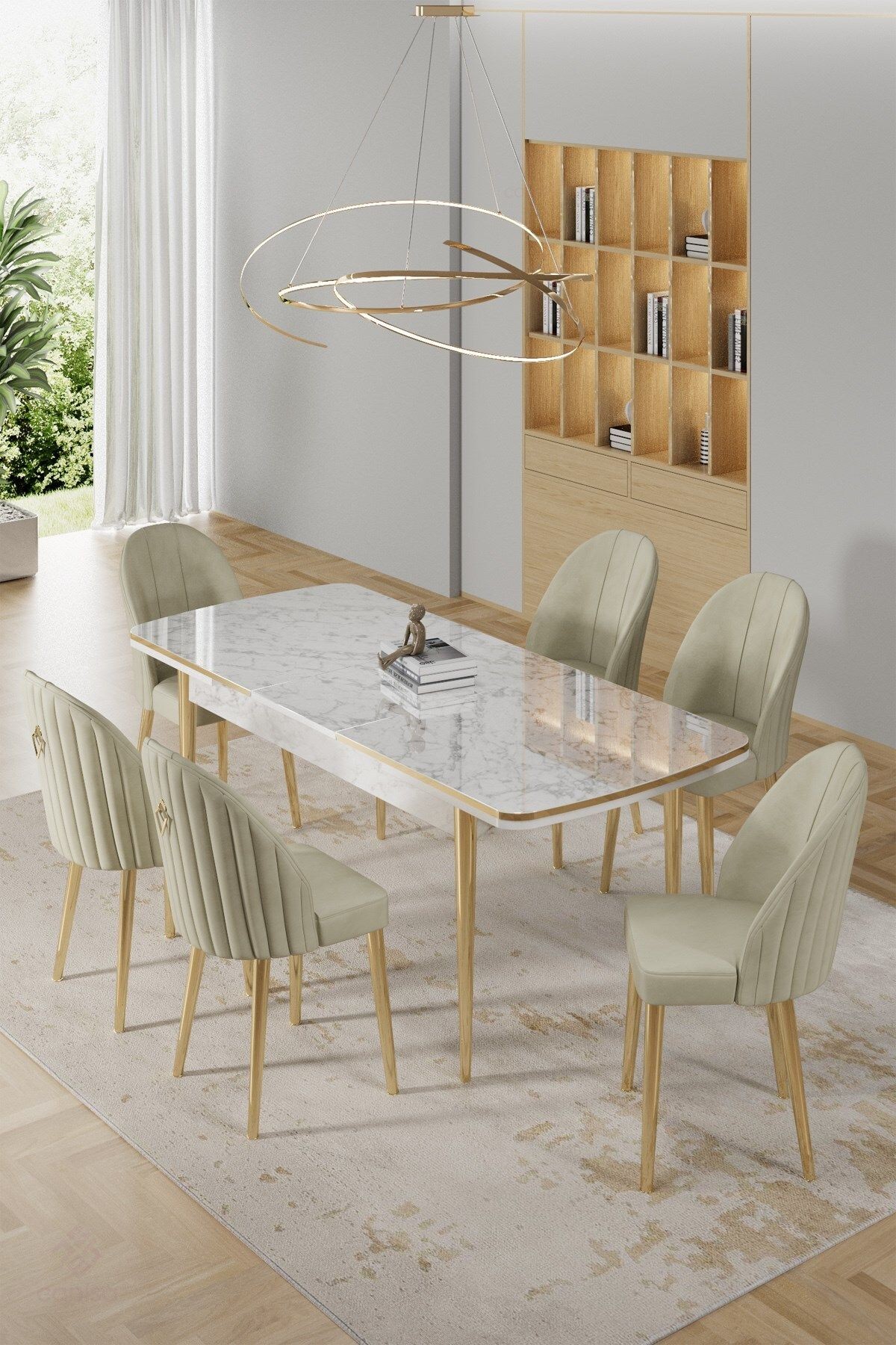 Rada Serisi 80x132 Açılabilir Lak Panel Beyaz Mermer Desen Masa ve 6 Sandalye Gold Kaplama Ayak
