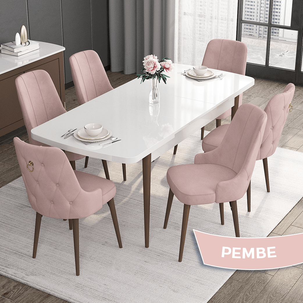 beyaz masa ceviz ayak sandalye pembe