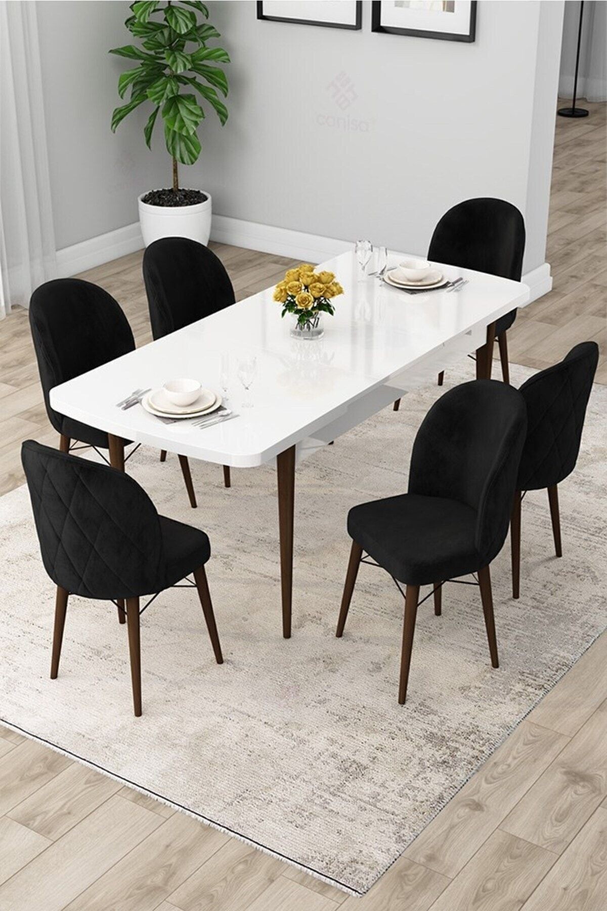 Rut Serisi Açılabilir 80x132 Beyaz Yemek Odası Takımı 4 Sandalye 1 Bench
