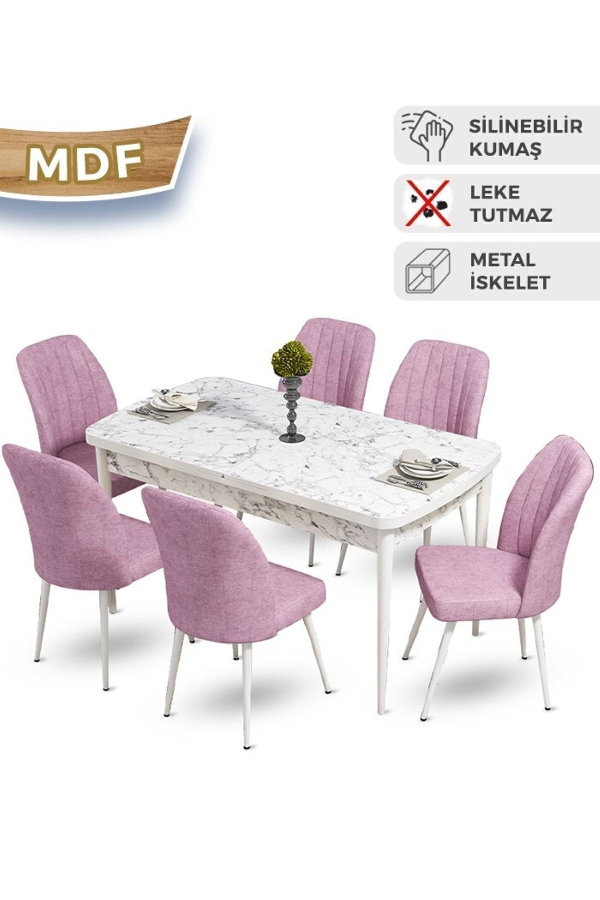 masa beyaz mermer desen sandalye pembee