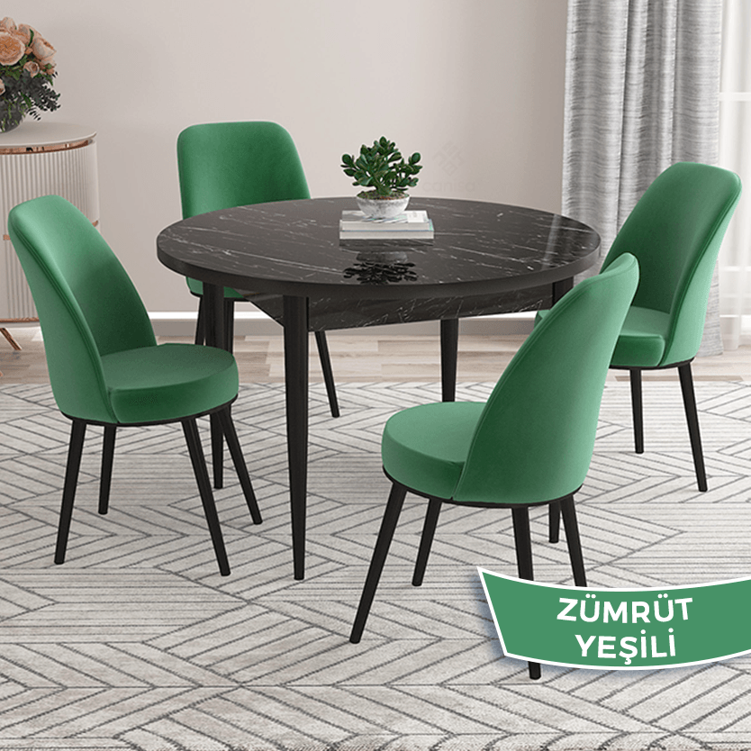 Kea Serisi 90x90 Yuvarlak Sabit Siyah Mermer Desen Masa Takımı Ve 4 Sandalye
