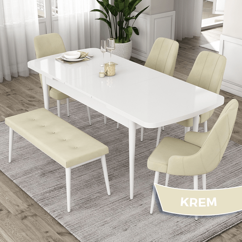 Eta Serisi 80x132 Açılabilir Beyaz Masa Takımı 4 Sandalye Ve 1 Bench