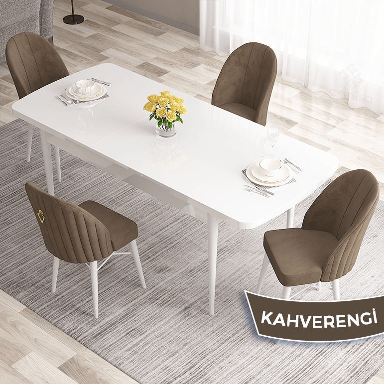 Roz Serisi 80x132 Açılabilir Mdf Gold Halka Beyaz Masa Takımı Ve 4 Sandalye