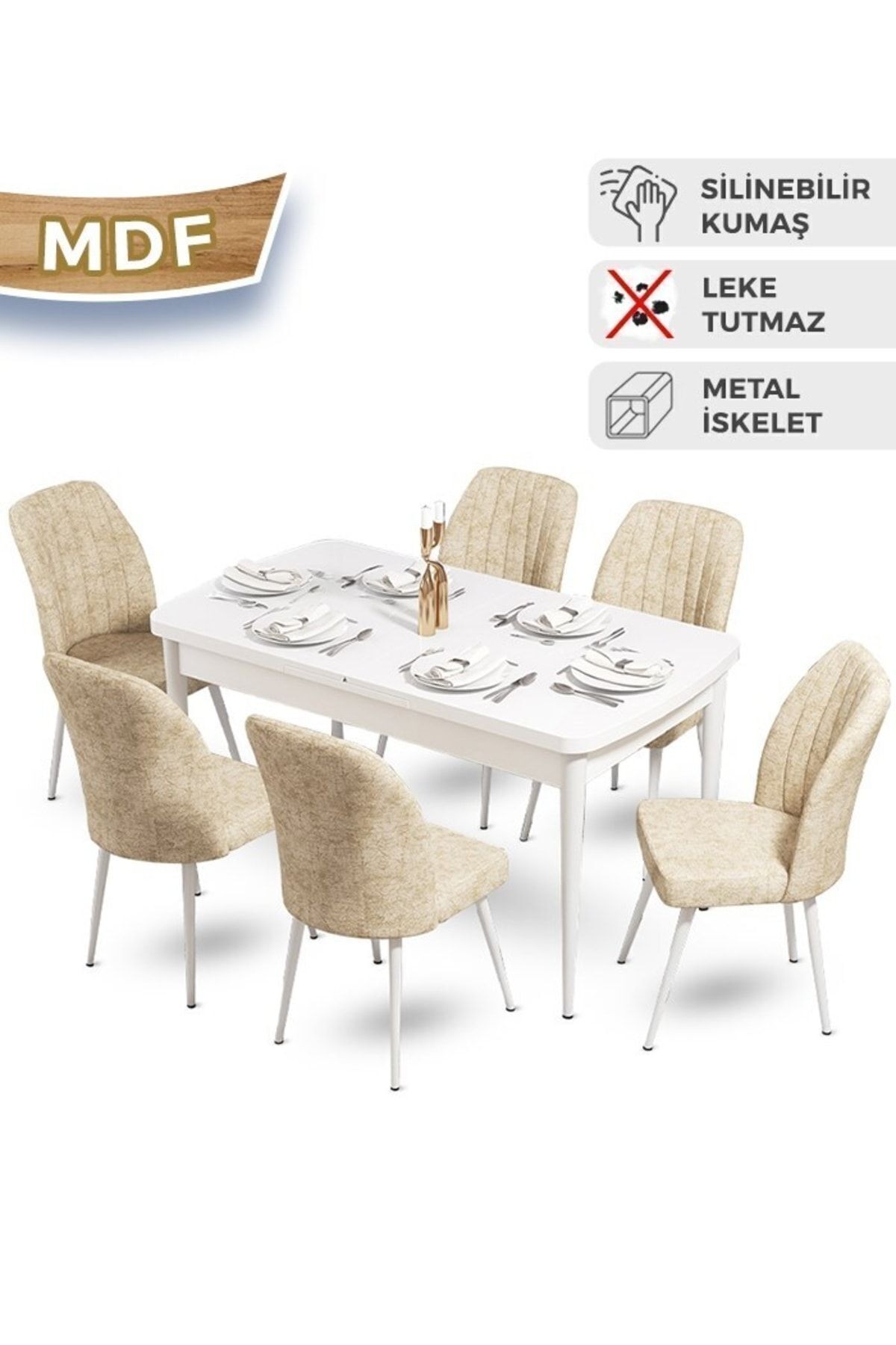 Mun Serisi 80x132 Açılabilir Mdf Beyaz Masa Takımı Ve 6 Sandalye