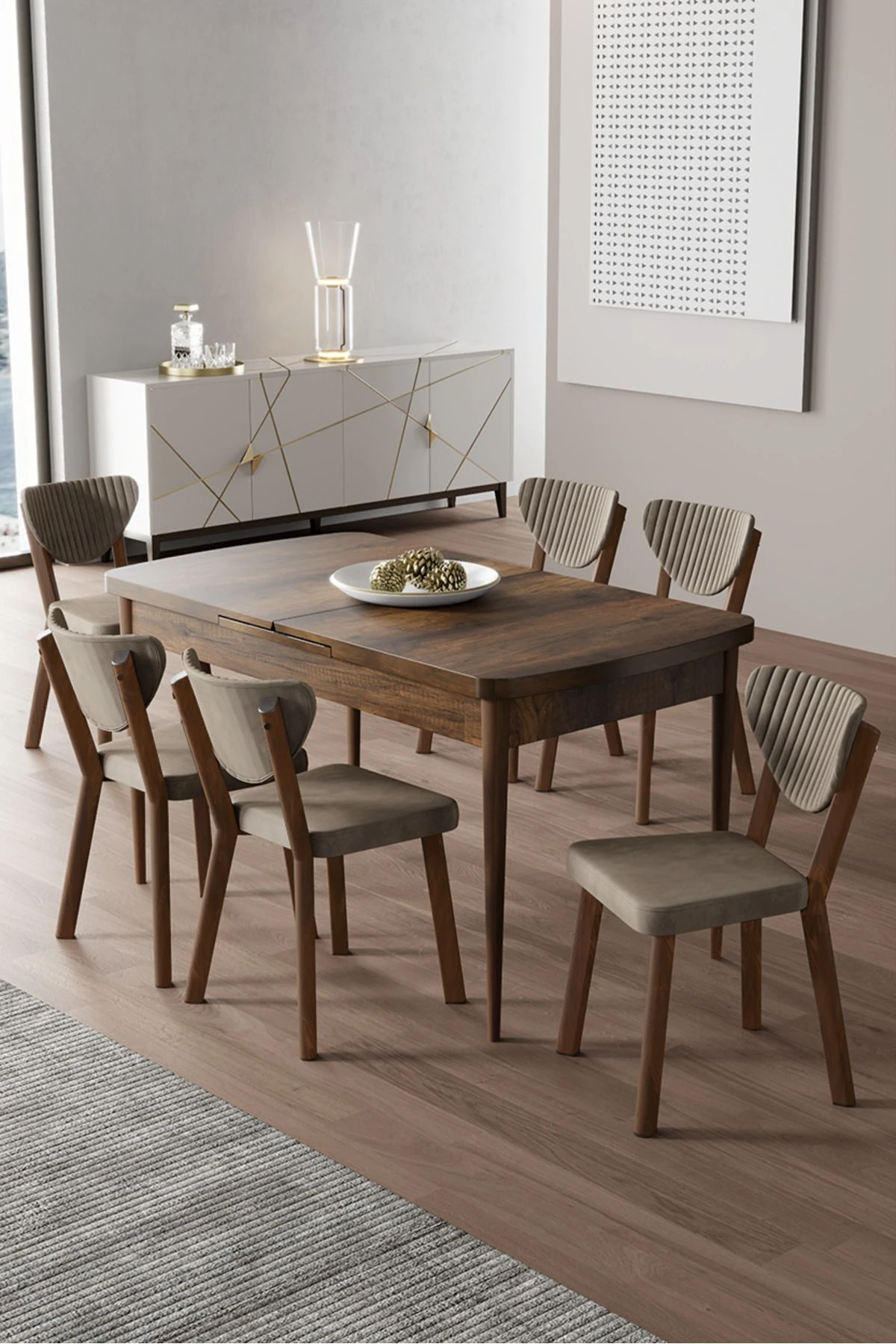 Exve Serisi 80x132 Açılabilir Barok Ahşap Desen Masa Takımı ve 6 Sandalye