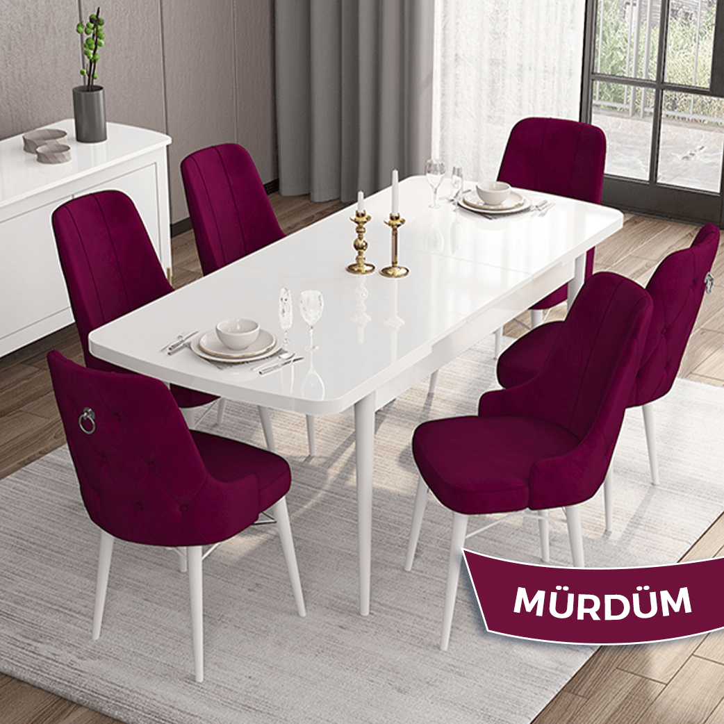 Are Serisi 80x132 Mdf Açılabilir Gümüş Halka Beyaz Masa Takımı Ve 6 Sandalye