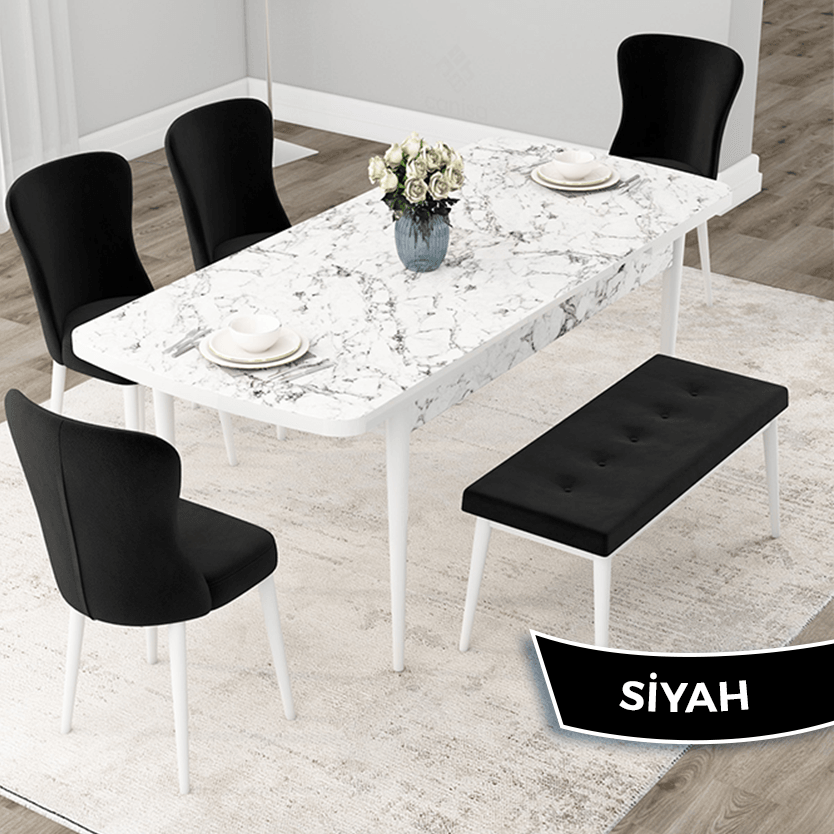 Due Serisi 80x132 Açılabilir Beyaz Mermer Desen Masa Takımı 4 Sandalye Ve 1 Bench