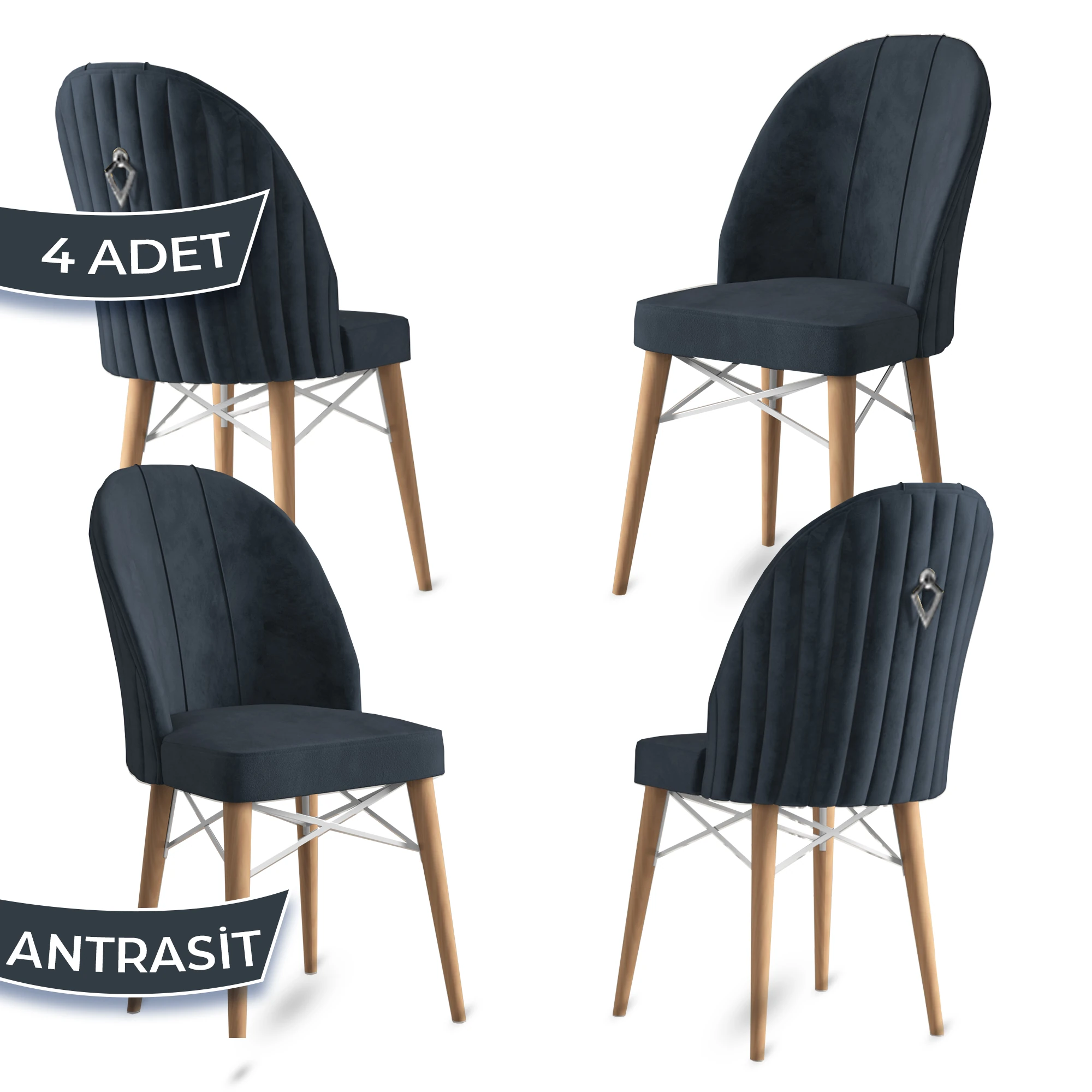 Ritim Serisi 4 Adet Mutfak Sandalyesi Babyface Kumaş Doğal Ahşap Ayak Gümüş Halka