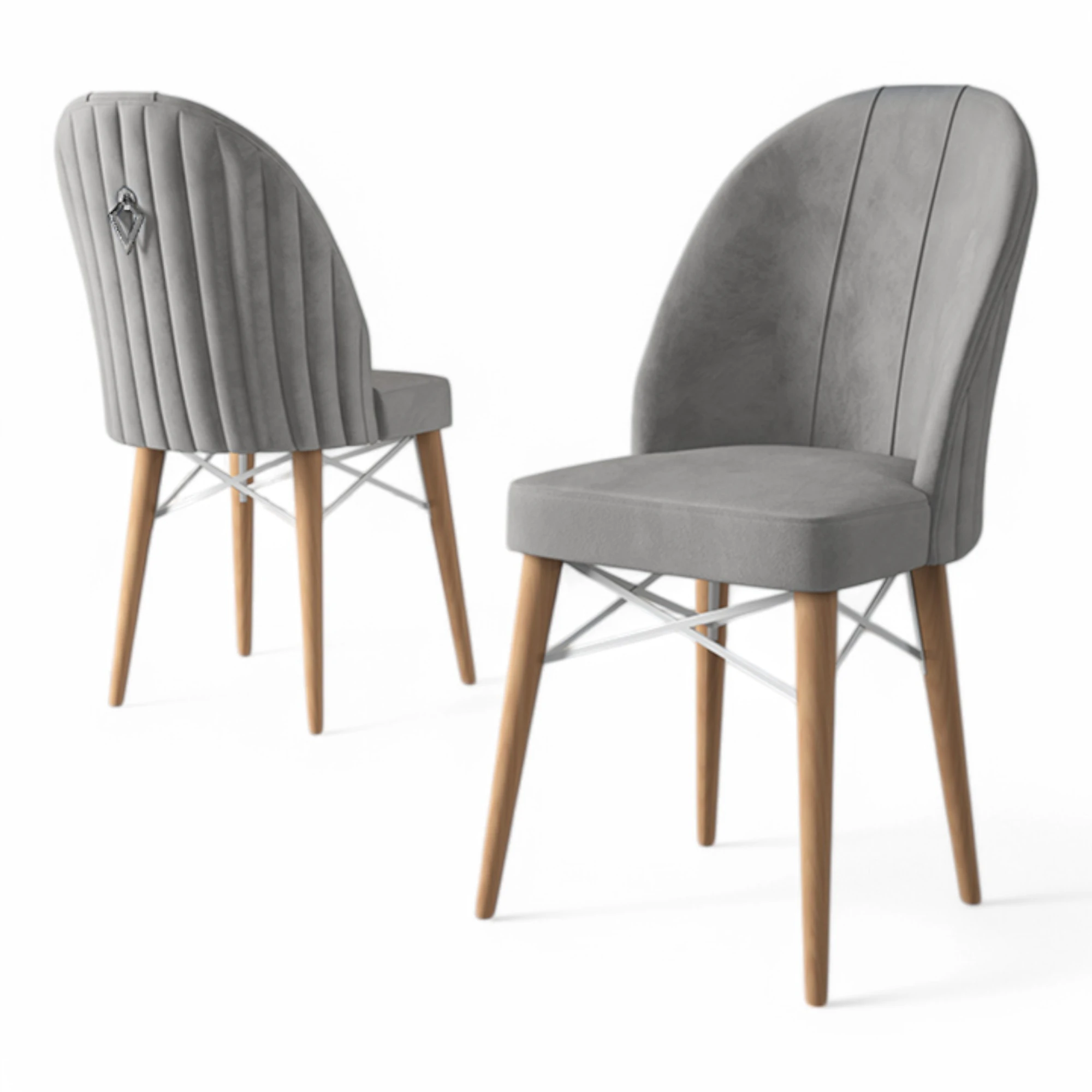 Gri Renk Sandalye / Doğal Ahşap Ayak