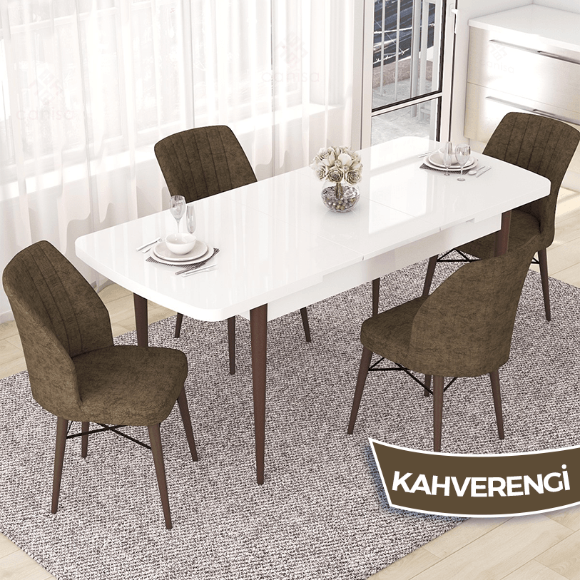 masa beyaz ayak ceviz sandalyeler kahverengi