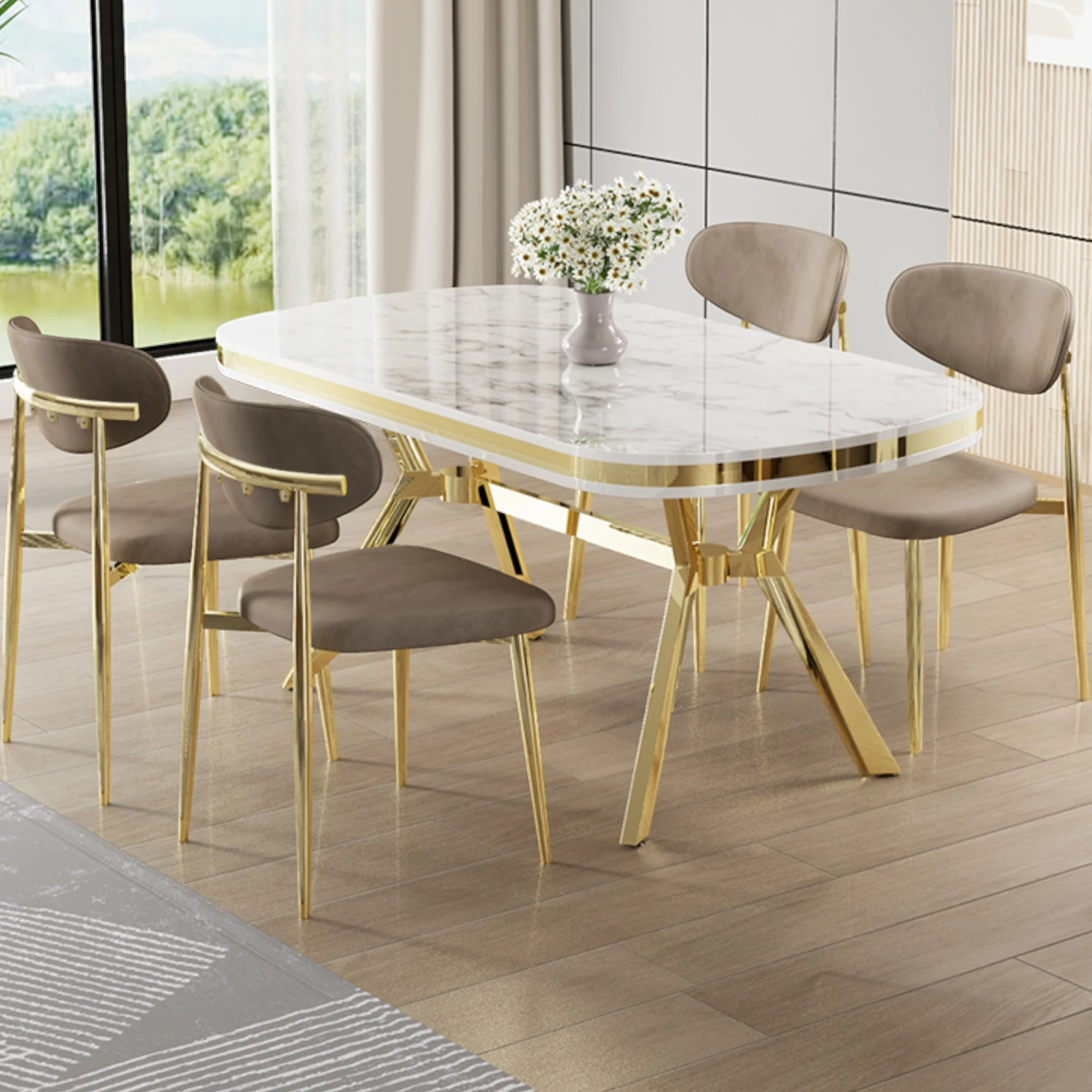 Beyaz Mermer Desen Masa Cappucino Sandalye Gold Ayak