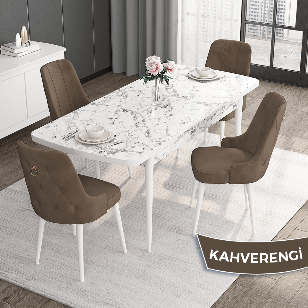 Noa Serisi 80x132 Mdf Açılabilir Gold Halka Beyaz Mermer Desen Masa Takımı Ve 4 Sandalye