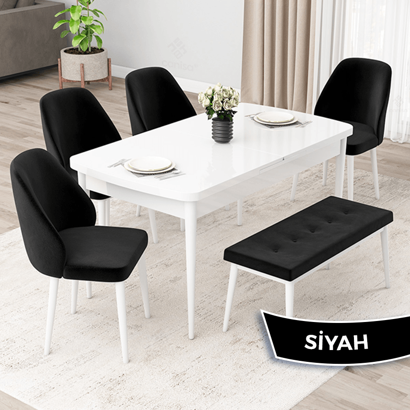 Orf Serisi 80x132 Açılabilir Beyaz Masa Takımı 4 Sandalye Ve 1 Bench