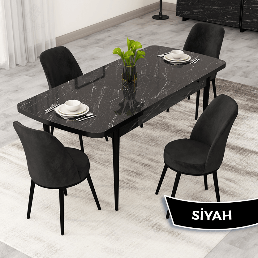 Masa Siyah Mermer Desen Sandalye Siyah Renk