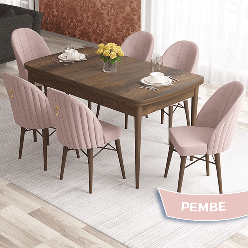 Barok Ahşap Desen Masa Pembe Sandalye