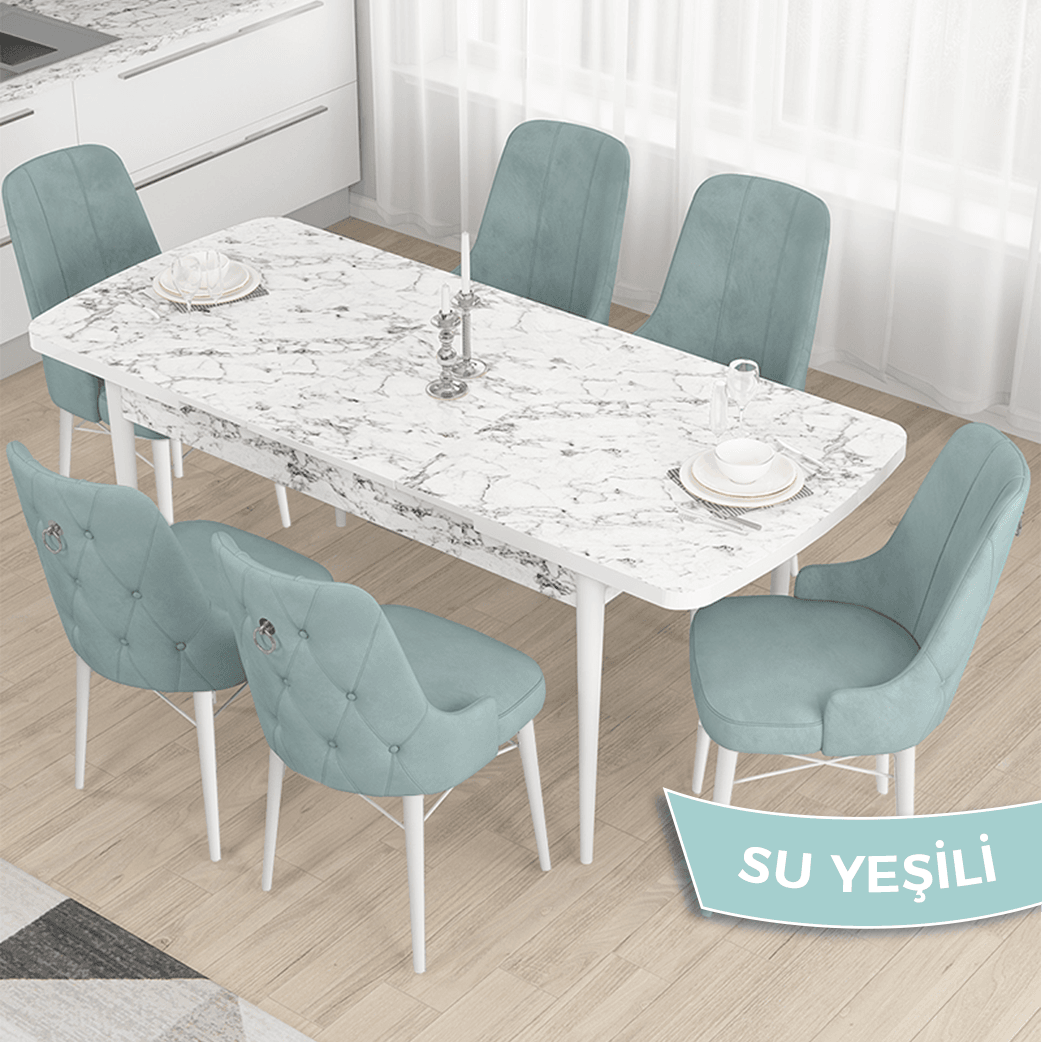 masa beyaz sandalye su yeşili ayaklar beyaz
