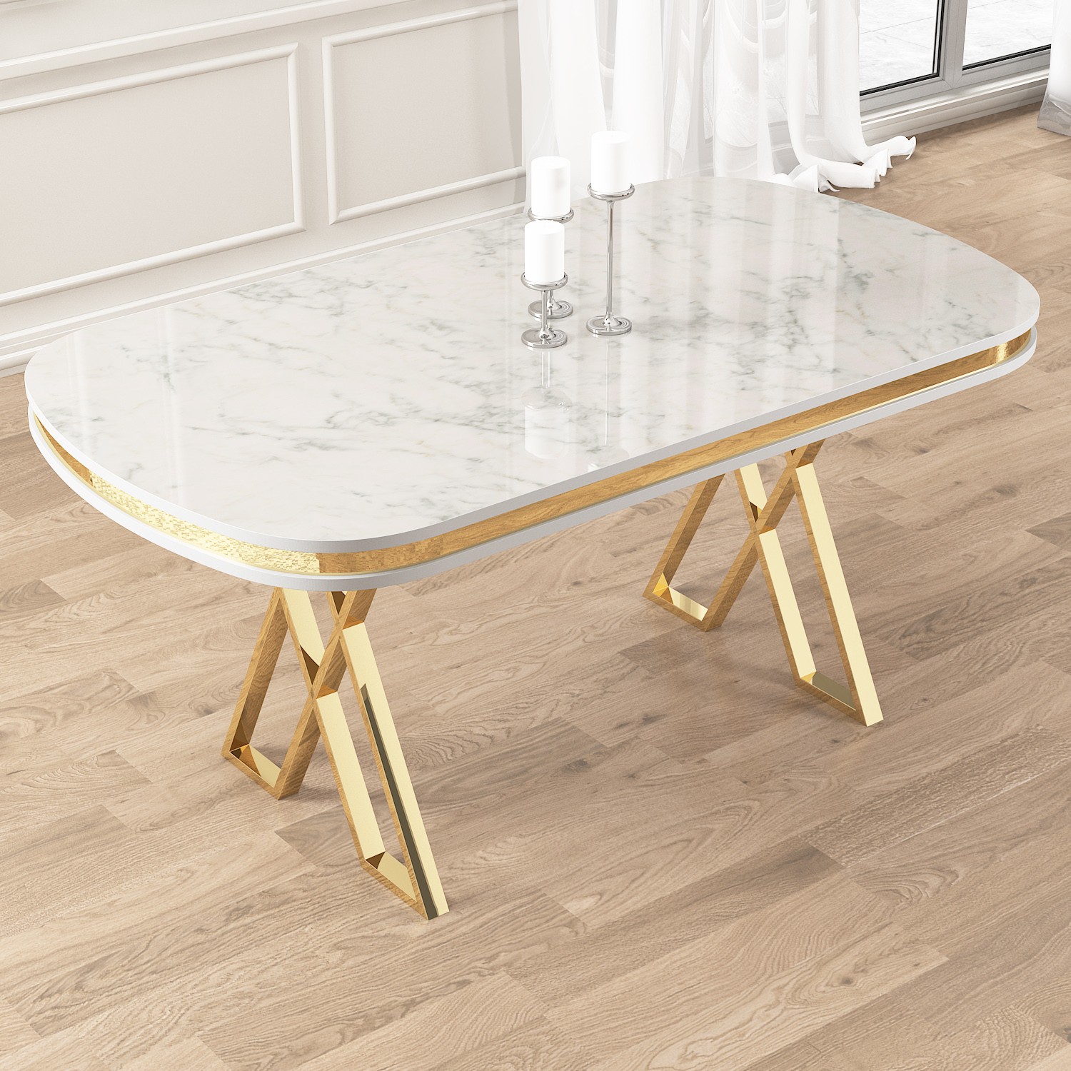 Zae Serisi 90x168 Lak Panel Beyaz Mermer Desen Gold Ayak Masa Takımı 4 Sandalye