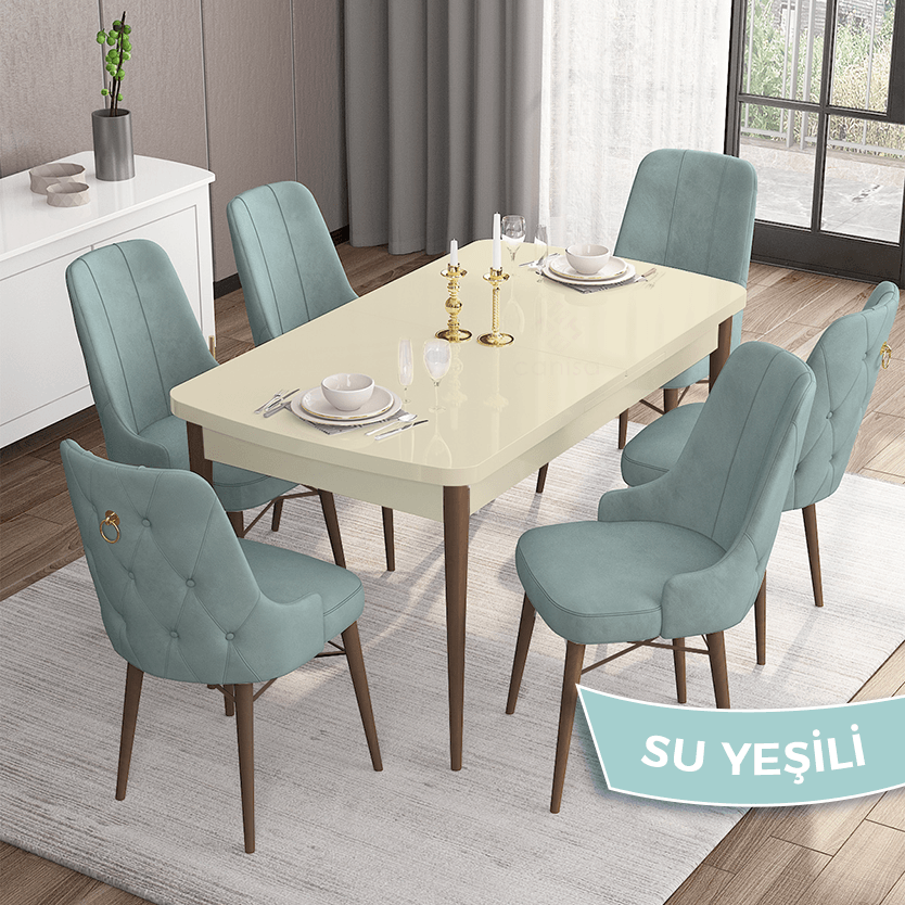 masa krem ayaklar ceviz sandalye su yeşili