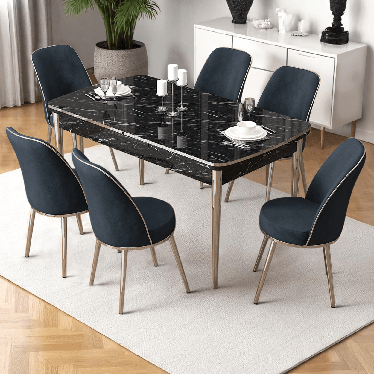  Nira Serisi 70x114 Mdf Siyah Mermer Desen Mutfak Masa Takımı 6 Sandalye Krom Detay