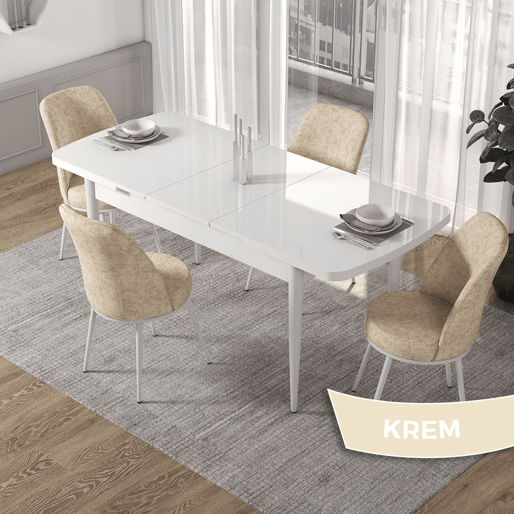 Kor Serisi 70x114 Açılabilir Beyaz Mutfak Masası Takımı Ve 4 Sandalye
