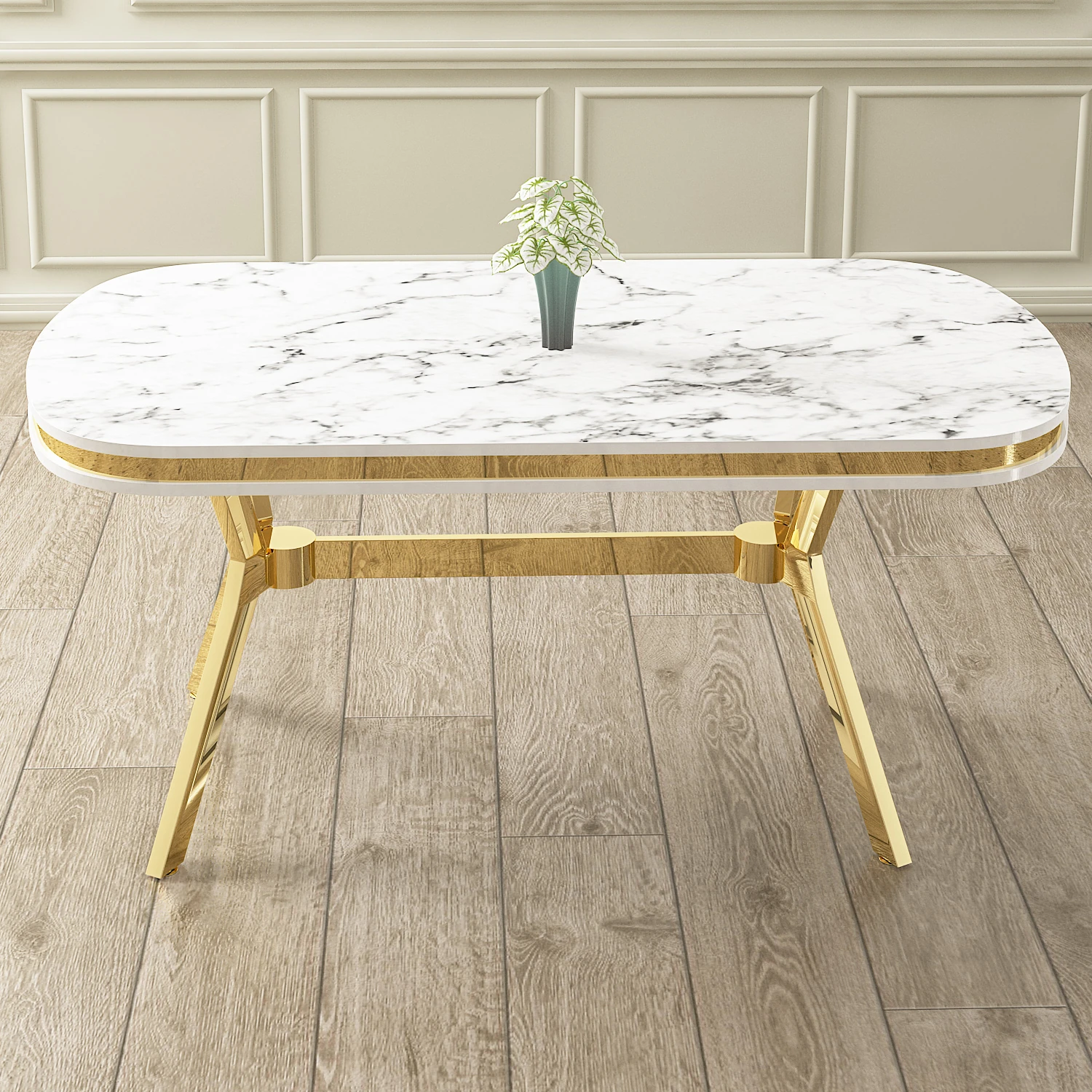 Olya Serisi 90x168 Lak Panel Beyaz Mermer Desen Masa Takımı Gold Ayaklı 6 Sandalye
