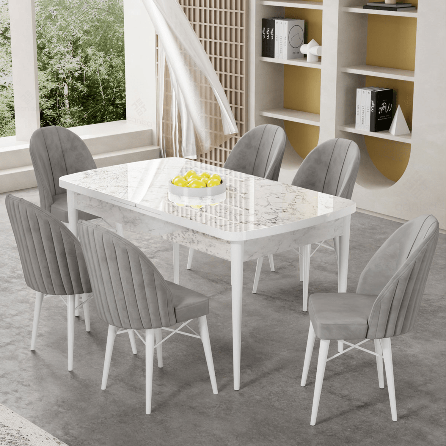 Gale Serisi 80x132 Açılabilir Lak Panel Beyaz Mermer Desen Mutfak Masa Takımı 6 Sandalye
