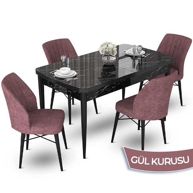 masa siyah mermer desen sandalye gülkurusu